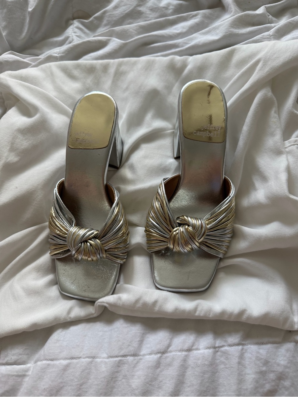 Jeffrey Campbell Silver Knotted Metallic Mule Heels